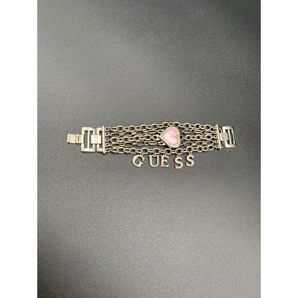 VTG Rare Y2K Guess Silver Tone Chain Pink Heart Watch Bracelet Charms 90s - Picture 10 of 10